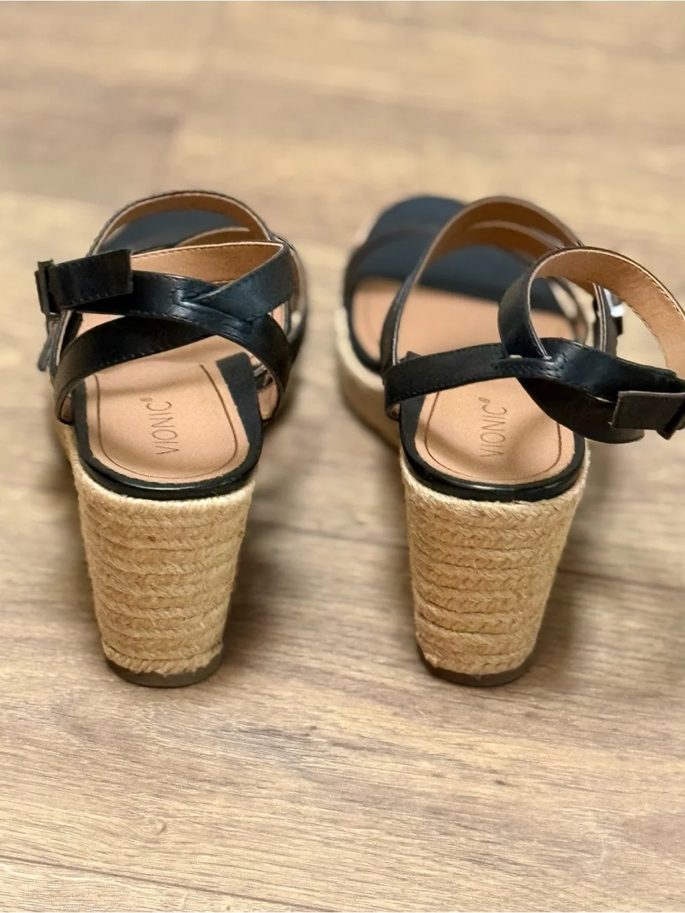 Vionic Sabina Size 10 Black Leather Espadrille Wedge Sandals Strappy Comfort New